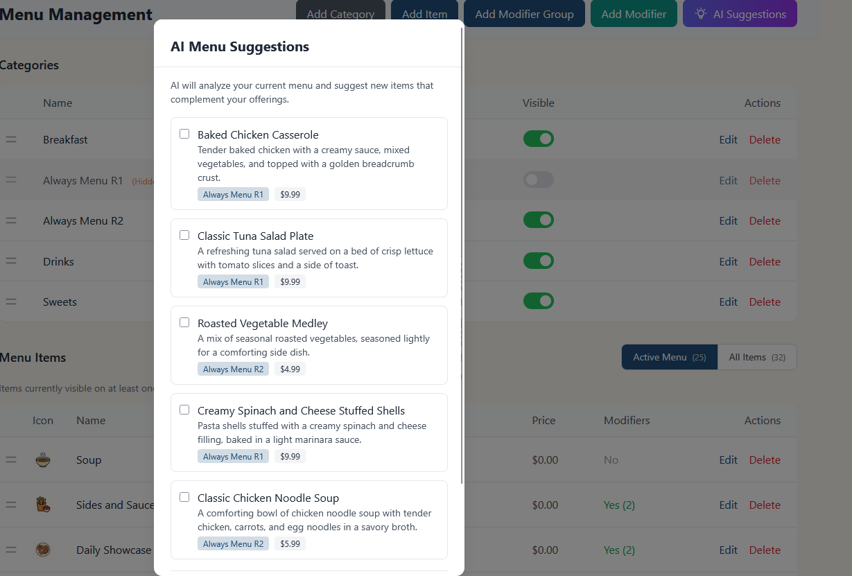 AI Menu Suggestions